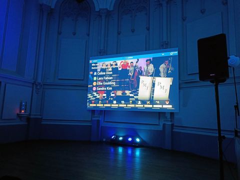 Écran de quiz et éclairage installés dans une chapelle de Châteauform', avant l'arrivée des participants